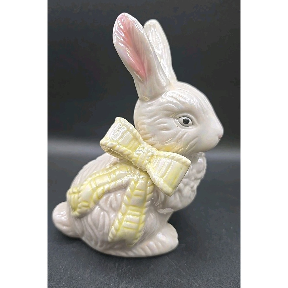 VTG Iridescent Ceramic Easter Bunny w Yellow Bow Spring Rabbit Pearl Glaze